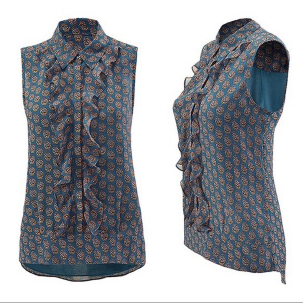 CAbi Medallion Reign Sleeveless Blouse Womens Sz Small Teal Orange Ruffles 3275 - Picture 2 of 11